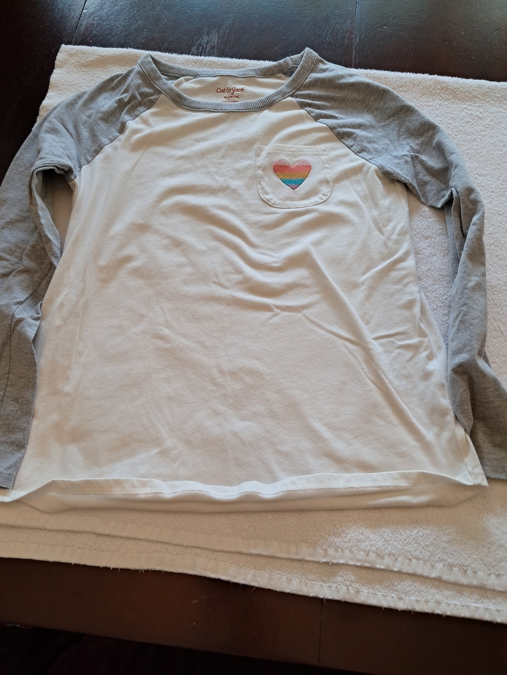 Cat & Jack White Tee with Gray Raglan Sleeves and Rainbow Heart Pocket